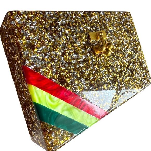EDIE PARKER ACRYLIC CLUTCH – GOLD CONFETTI & RAINBOW STRIPE | HANDMADE | RARE - Picture 3 of 17
